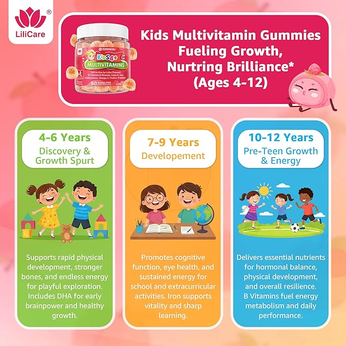 Kids Multivitamin Gummies + Omega 3(DHA/EPA) Methylated Multivitamin for Kids + Iron Choline Probiotic Vitamins A C D3 K2 E Methylfolate B6 B12 for Growth Immune Bone Brain No Sugar 60 Cts