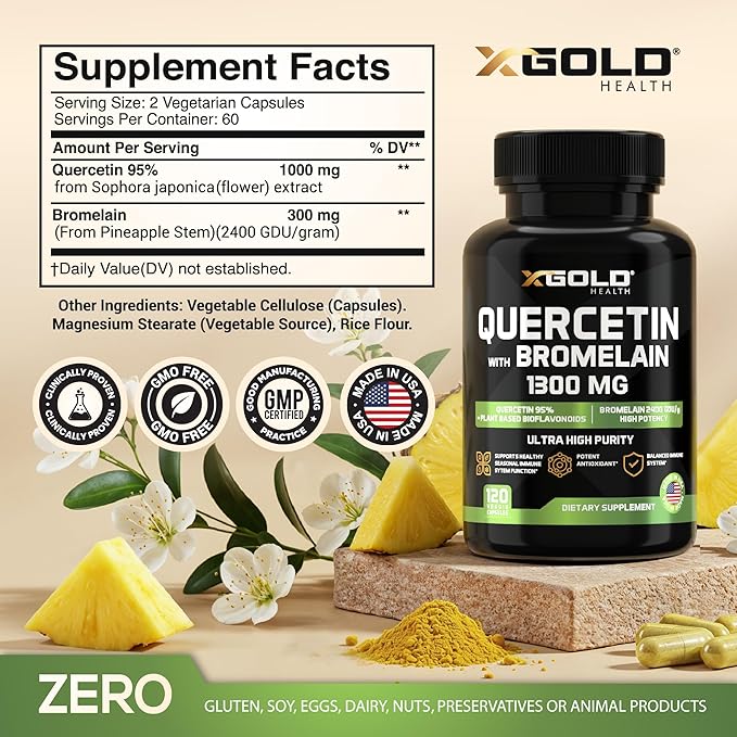 Micronized Quercetin + Bromelain 1300mg Quercetin: 95% - Highly Purified and Highly Bioavailable Plus Bromelain 2400 GDU/g - Made in USA | 120 Capsules