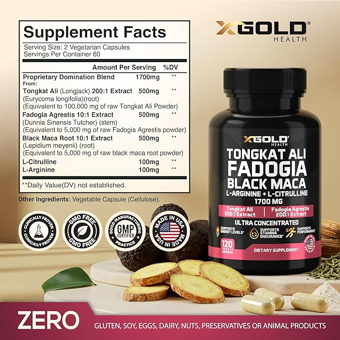 Tongkat Ali + Fadogia Agrestis Complex 1700mg – Black Maca L-Arginine &amp L-Citrulline Nitric Oxide Booster – Energy Stamina Vitality &amp Performance Support for Men &amp Women – Non-GMO – 120