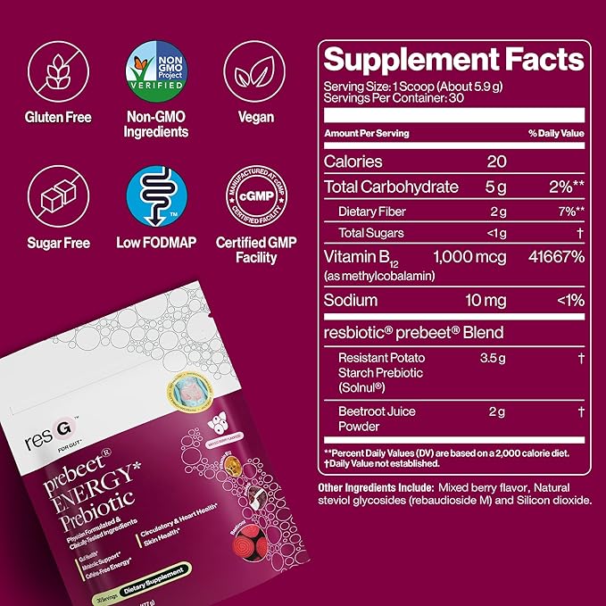 resG prebeet - Prebiotics Drink for Digestion Occasional Constipation Gas Bloating with Akkermansia Support w/Beet Root &amp Fiber Gut Health for Women &amp Men - 560g (90 Servings)