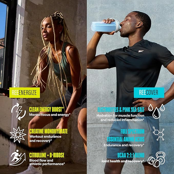 Reebok REEenergize &amp REEcover Bundle | Pre-Workout + BCAA Performance Pack | Sour Green Apple &amp Rocket Moon Pop | Complete Training System