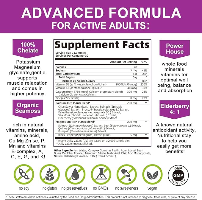 Plant Based Calcium Supplement with Vitamin D3K2 Gummy for Bone Strength Contains Whole Food Natural Minerals-Bone Health Calm Mood &amp Sleep Support for Women &amp Men (2 Pack)