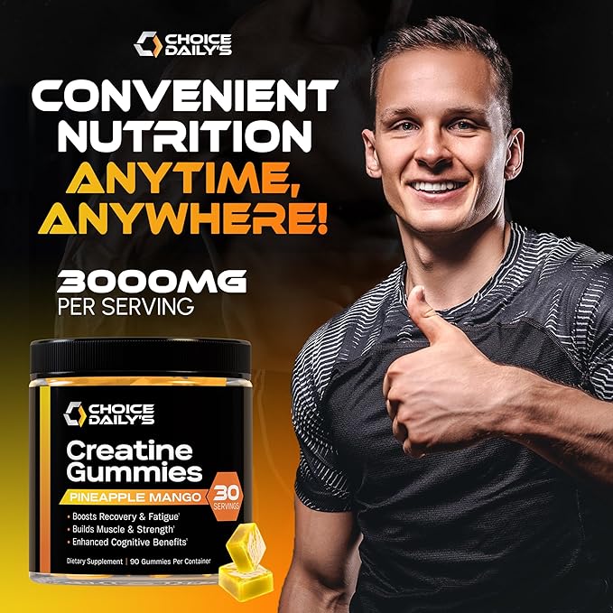 Creatine Gummies - 90 Vegan Friendly Chews - USA Made - Boosts Recovery - Builds Muscle - Enhanced Cognitive Benefits (Large Pineapple Mango)