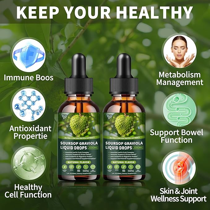 (2 Pack) Soursop Graviola Liquid Drops 2000mg 98% Absorption for Cell Support &amp Regeneration Immune Boost Liver Herbal Goodness Soursop Bitters Liquid-Sugar/Gluten Free Natural Flavor 4 Fl