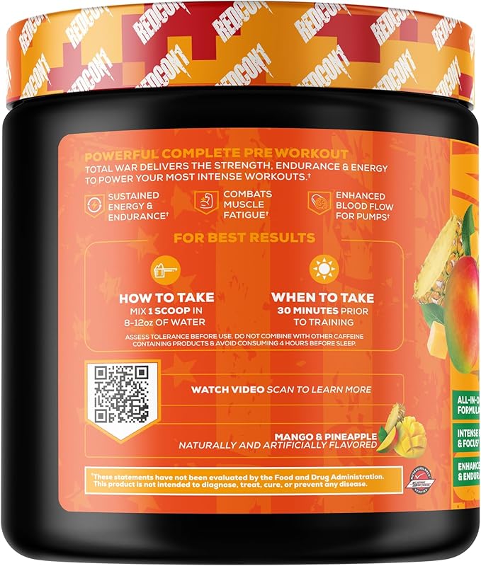 REDCON1 Total War Pre Workout Mango Madness - Fast Acting Caffeinated Preworkout for Men + Women with Beta Alanine - Contains Citrulline Malate for Increased Pump Blood Flow (30 Servings)