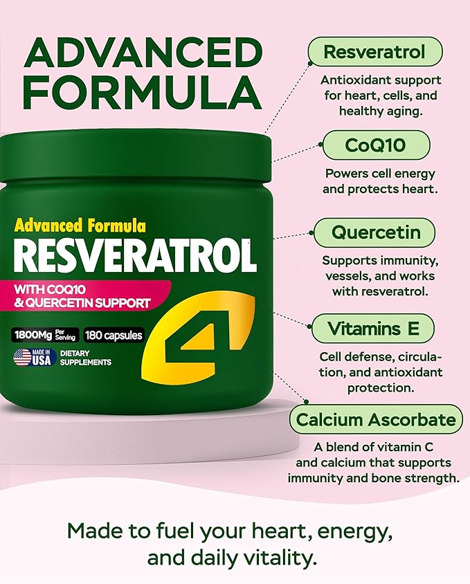 Resveratrol Supplement 1800mg with CoQ10 &amp Quercetin Support – Vitamin E &amp C (Calcium Ascorbate) – Antioxidant for Enhanced Energy Heart Health &amp Healthy-Aging Support Trans Resveratrol 1