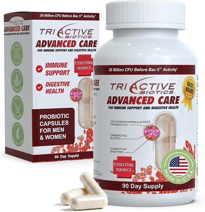 Essential Source TriActive Biotics Advanced Care - 20 Billion CFU Probiotics for Digestive Health Immune Support Supplement Microencapsulated Probiotics for Women &amp Men 90 Ct Capsules