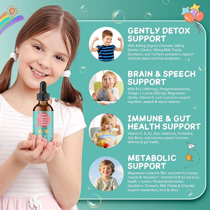 200mg Zeolite Detox for Kids &amp Adults 20-in-1 Herbal Liquid with 300mg Chlorella 200mg Milk Thistle Cilantro Vitamins &amp Probiotics Supports Speech Cleanse Immune &amp Gut Health Berry