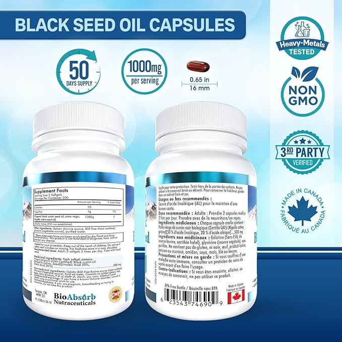 Bio Absorb Black Seed Oil Cold Pressed Capsules. 200 softgels 500mg (50-Day Supply). No Aftertaste.