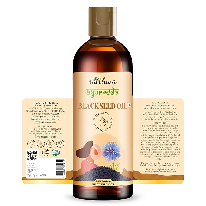 Satthwa Organic Black Seed Oil – Edible High TQ - Lab Tested Cold Pressed Nigella Sativa – For Hair Growth Immunity &amp Skin – 6.8 fl oz