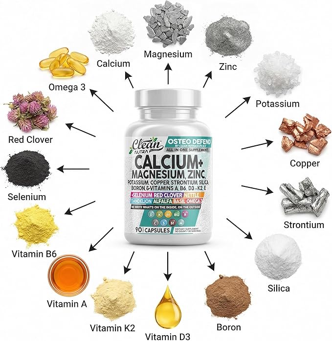 Allin1 Calcium Magnesium Zinc Supplement with Potassium Copper Strontium Silica Vitamin D3 K2 Boron Vitamin B1 B12 Red Clover Herb Alfalfa Basil Pills for Men &amp Women Clean Nutra Osteo Defen
