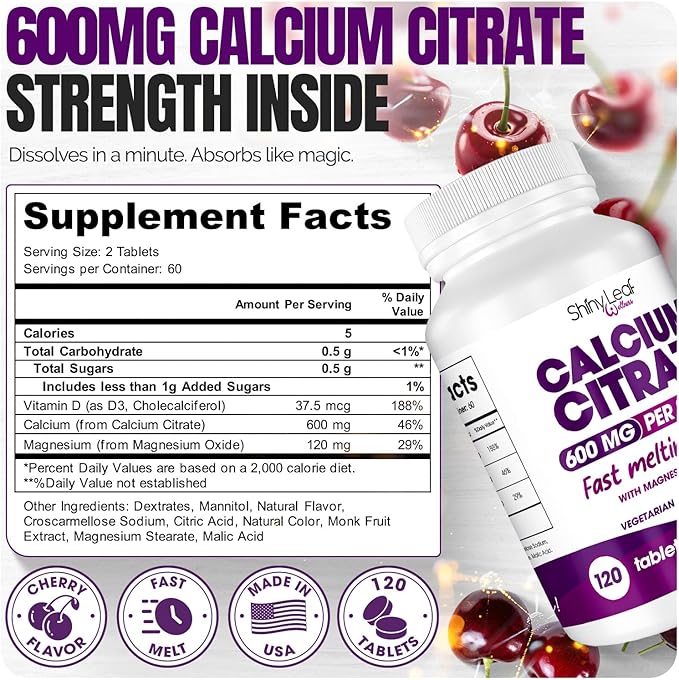 Shiny Leaf Calcium Citrate 600mg with Vitamin D3 &amp Magnesium - Fast Melting Bariatric Calcium for Post Surgery - Smooth Dissolving Non-Chalky Alternative to Chewable Chews - Cherry 120 Ct