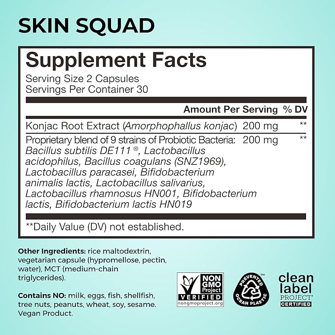 HUM Skin Squad Probiotics for Women and Men Skin Care Supplement for Clear Complexion &amp Gut Health Support Microbiome Prebiotic &amp Probiotic Supplement for Breakouts Digestive Health 60 Cap