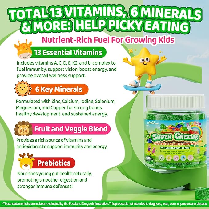 Kids Super Greens Gummies w/Multivitamins 20+ Veggie Fruit Prebiotics Calcium Omega-3 (DHA/EPA) Kids Vitamins Greens Superfood Gummies for Picky Eaters Growth Energy Immune Digestion 2 Pack