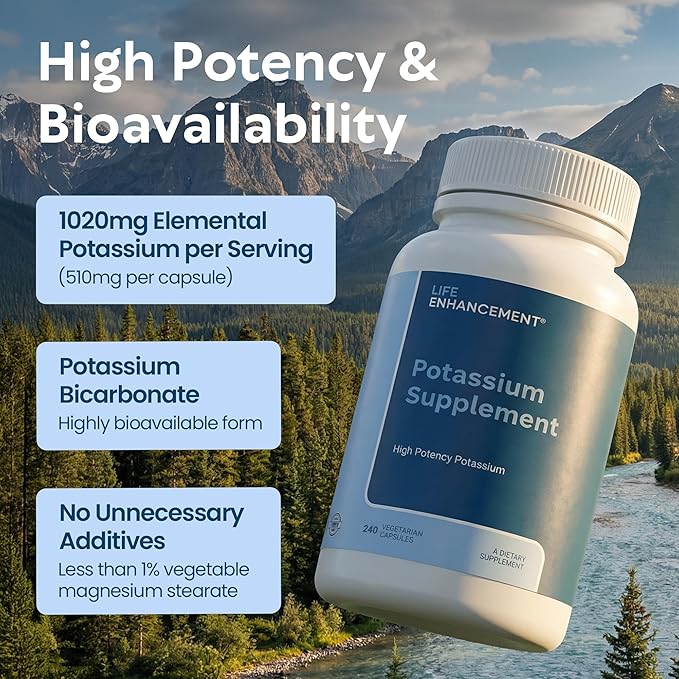 Life Enhancement High Potency 1020 mg Potassium Supplement for Muscle Brain &amp Bone Health - No Additives High Absorption Elemental Potassium Supplement Made in USA (240 Capsules – 120 Servings)