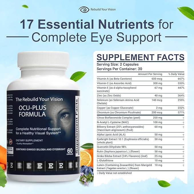 Ocu-Plus Formula – Eye Health Supplement with Lutein &amp Zeaxanthin – Supports Visual Clarity Night Vision &amp Macular Health – with Bilberry Ginkgo Biloba &amp NAC – 60 Capsules