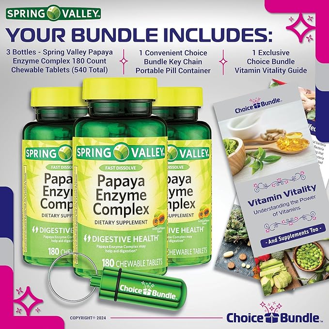 Spring Valley Papaya Enzyme Complex Chewable Tablets Digestive Health 180 Ct 3 pk (540 Total) + Vitamin Vitality &amp Pill Container (5 Items)!