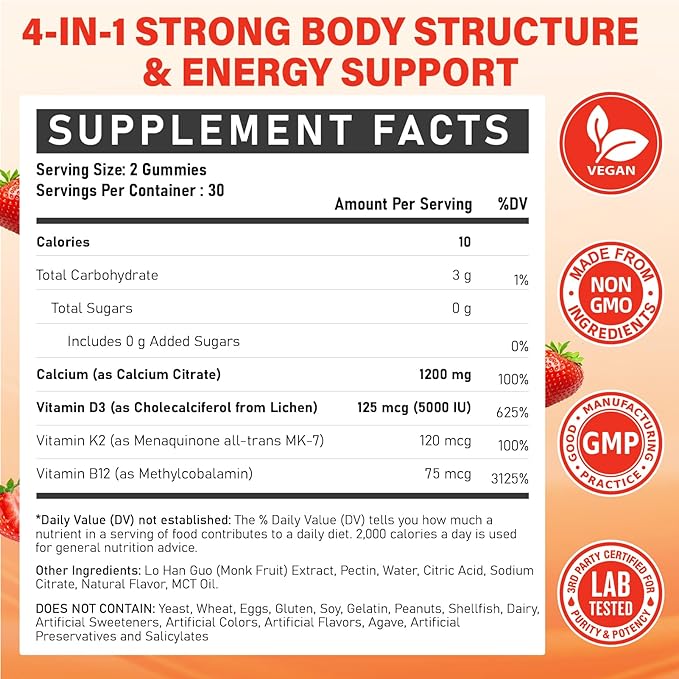 Calcium 1200 mg with Vitamin D3 Supplement for Adults - Calcium Gummies with Vitamin D3 5000IU K2 B12 for Women Men - Extra Absorption Calcium Citrate - Natural Strawberry Flavor 60 Gummies