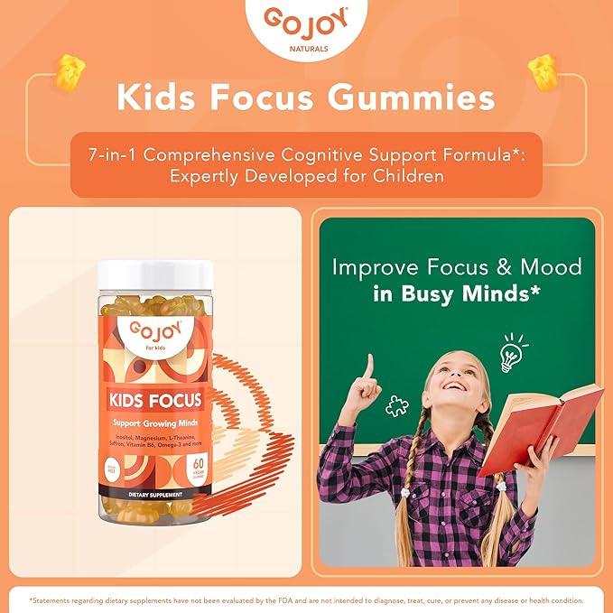 GOJOY NATURALS Kids Focus Gummies – Saffron Magnesium Glycinate L-Theanine &amp Inositol Supplement for Kids &amp Teens – Focus Attention &amp Calm – Vegan Sugar-Free Non-GMO