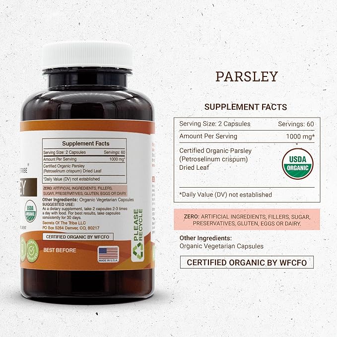 Secrets of the Tribe Parsley USDA Organic | Made with Vegetarian Capsules and Certified Organic Parsley (Petroselinum crispum) Dried Leaf (120 Capsules)
