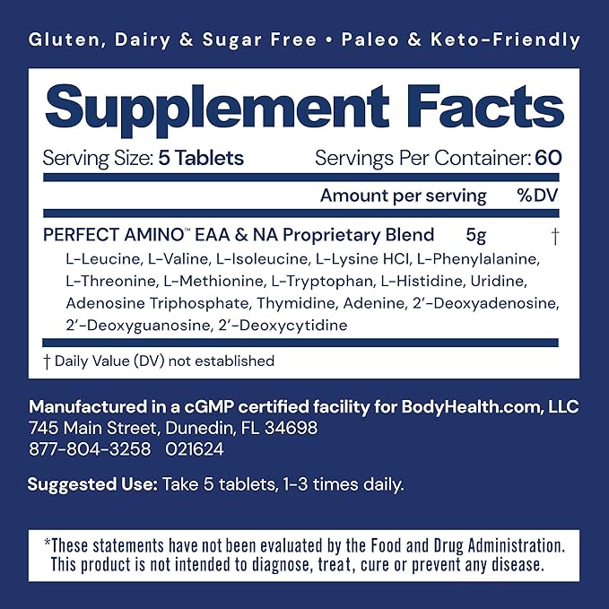BodyHealth PerfectAmino (300 Tablets) Essential Amino Acid Supplement with BCAA and EAA Muscle Recovery Boost Energy &amp Stamina 99% Utilization Vegan Branched Chain Protein Pre/Post Workout