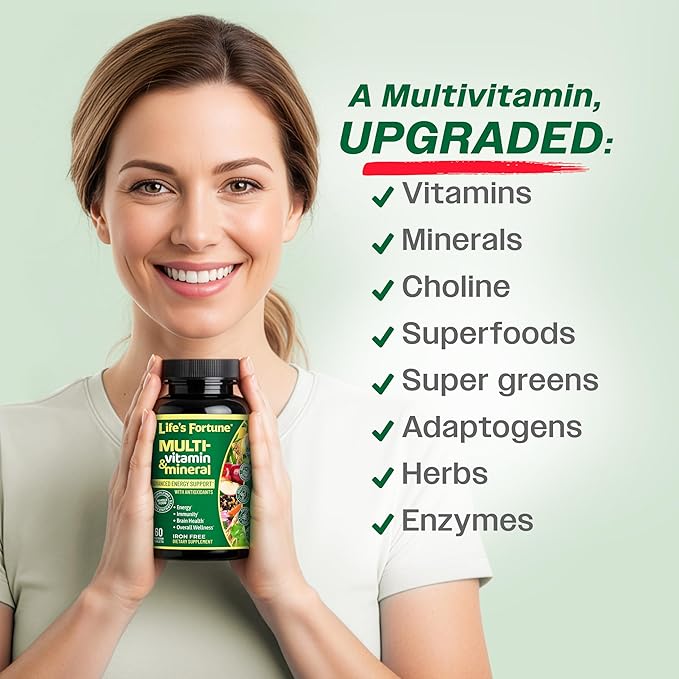 Life's Fortune Whole Food Multivitamin &amp Mineral Supplement for Men &amp Women | Daily Energy Support Vitamins | Immune Brain &amp Metabolism Support | Iron Free 60 Vegetarian Tablets