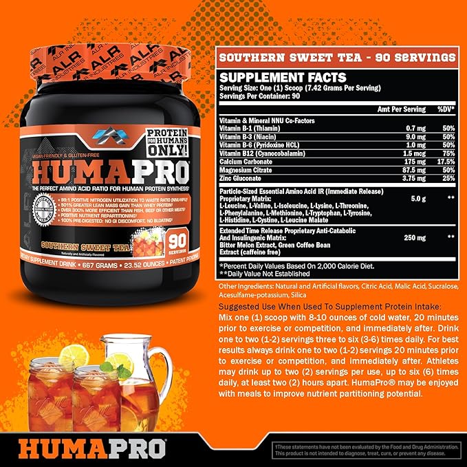 ALR Industries HumaPro Essential Amino Acid Formula | EAA Protein Supplement | Supports Muscle Recovery &amp Performance | Vegan Gluten Free | 90 Servings (Southern Sweet Tea)