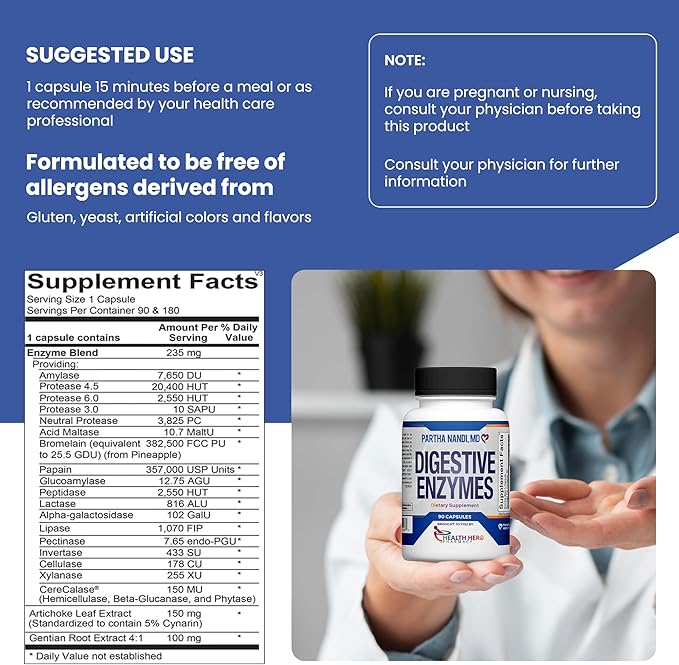 Digestive Enzymes Supplement – Designed to support Gas Bloating &amp Nutrient Absorption – Full Spectrum Protease Amylase Lipase Cellulase Lactase – Vegan Non-GMO Gluten-Free – 90 Capsules