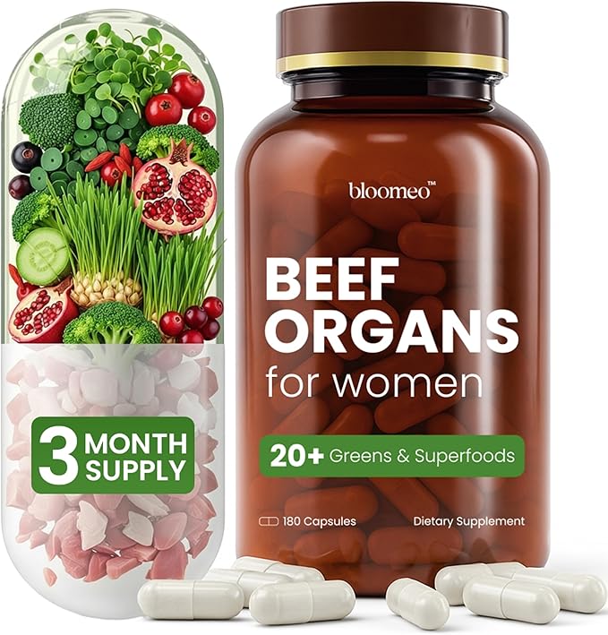 Grass Fed Beef Organ Supplement for Women with Super Greens &amp Antioxidant Fruits – 60+ Bioavailable Nutrients for Hormone Balance Cycle Comfort Primal Energy Immunity Hair &amp Skin – 3 Month