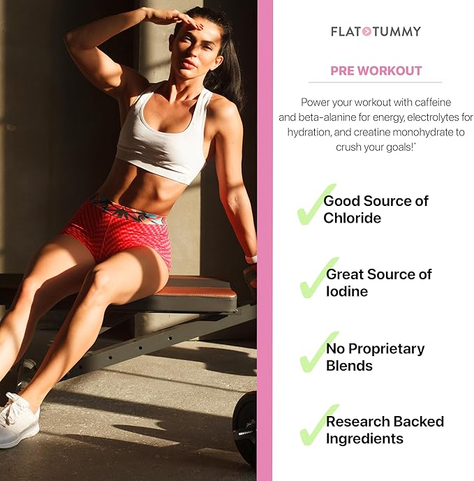 Flat Tummy Pre Workout Powder for Women – Energy Endurance and Muscle Support with 3g Creatine 1.6g Beta-Alanine Electrolytes – Watermelon Flavor – 30 Servings