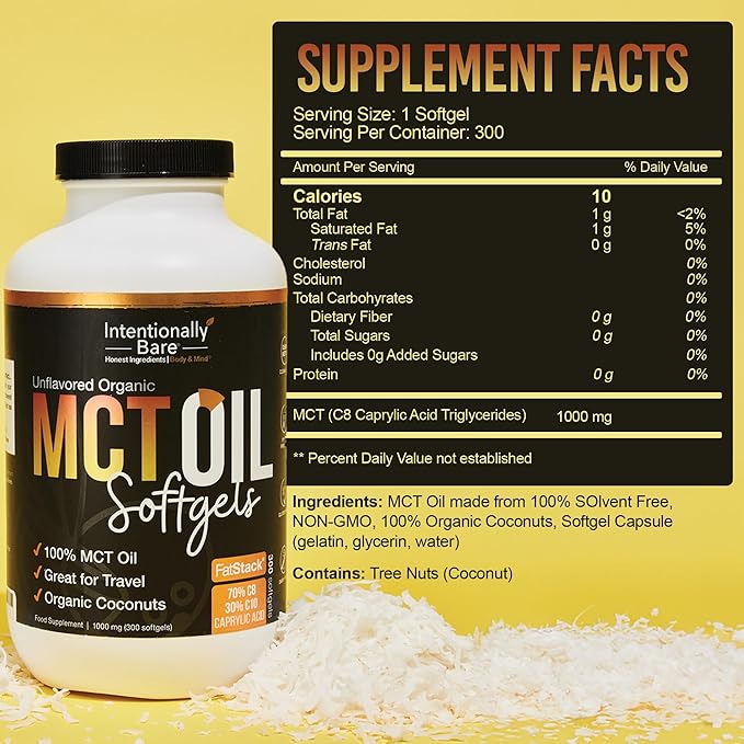 Intentionally Bare MCT Oil Capsules - Organic Coconut Oil with 70% C8 and 30% C10 - MCT Oil for Clean Energy Brain Health Mood and Focus - Coconut C8 for Keto - 300 Soft Gel