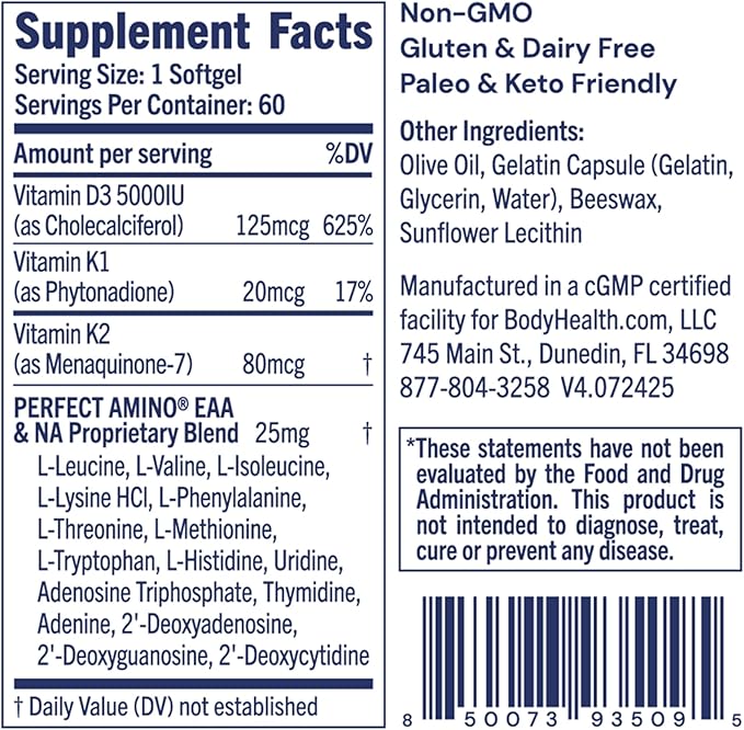 BodyHealth D3 + MK7 - Vitamin D3 5000IU Vitamin K1 Vitamin K2 - Easy to Swallow Supplement Supports Bone Strength &amp Calcium Absorbtion* - 60 Softgels
