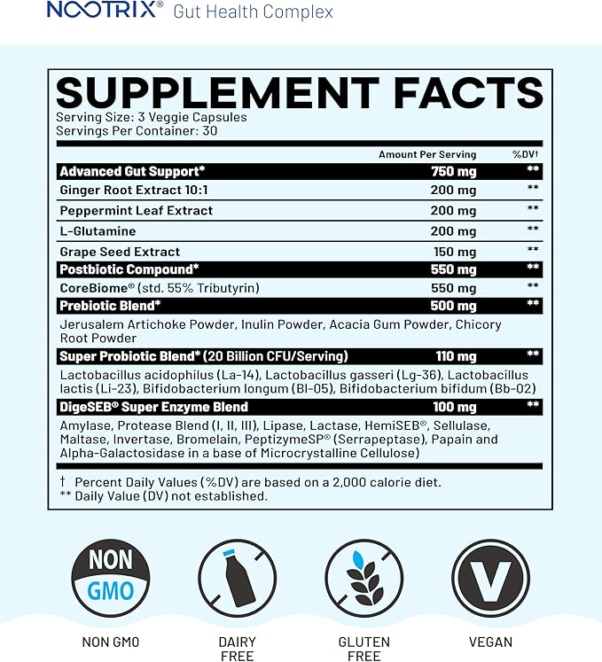 Nootrix Gut Health Complex Supplement | Probiotics for Gut Health Colon Cleanse &amp Bloating Relief | Promotes Healthy Digestion | Digestive Enzymes Postbiotics &amp Prebiotics | 90 Capsules