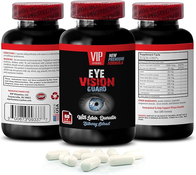L-Glutathione - Eye Vision Guard - Lutein Bilberry Fruit Grape Quercetin Dihydrate Taurine Milk Thistle Turmeric Root Taurine Lutein Grape Quercetin 1 Bottle 60 Capsules