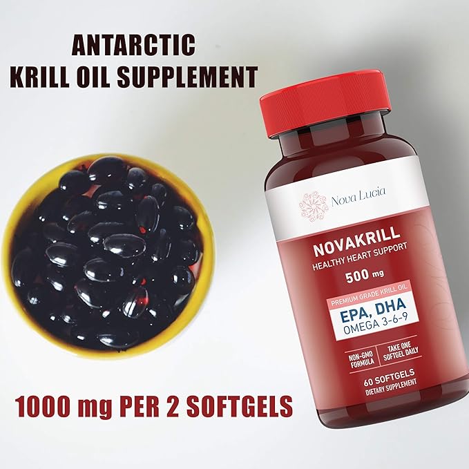 NovaKrill Krill Oil Omega 3 Supplement – 1000mg Softgels with EPA DHA Astaxanthin – No Fishy Aftertaste – Easy to Swallow Antarctic Krill Oil – 60 Liquid Capsules