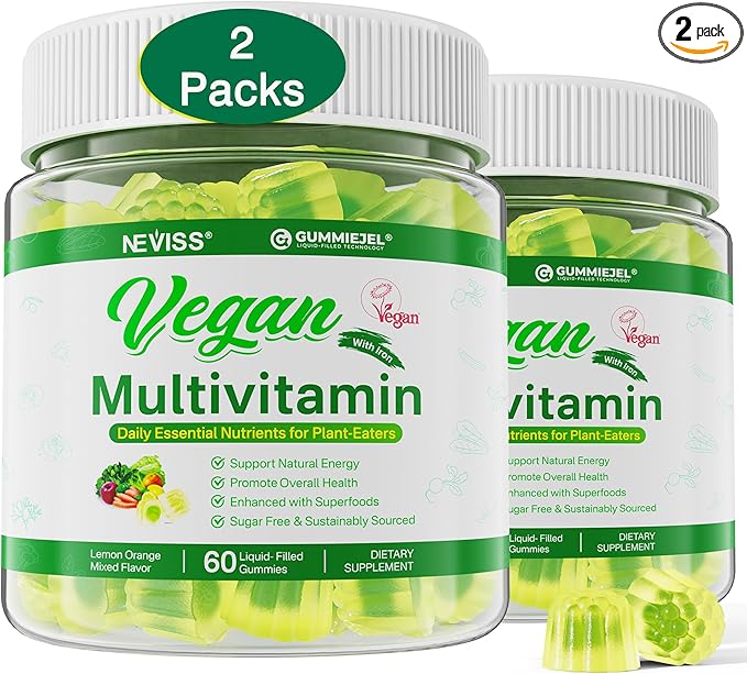 NEVISS (2 Pack) Vegan Multivitamin for Women &amp Men with Methyl B12 D3 K2 Plant Based Omega 3 Iron Choline Zinc Whole Food Daily Vitamins Gummies for Vegans &amp Vegetarians Sugar Free