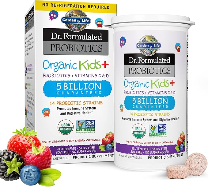 Garden of Life Dr Formulated Digestive Enzymes with Papain Bromelain &amp Dr. Formulated Probiotics Organic Kids+ Plus Vitamin C &amp D - Berry Cherry