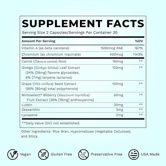 Visibili-T - Vitamin Supplement for Eye Health &amp Vision Support - Carrot Root Chromium Bilberry Ginkgo Biloba Grape Seed Extract Lycopene Vitamin A Lutein &amp Zeaxanthin - 60 Capsules