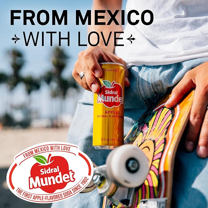 Sidral Mundet - Mexican Soda Soft Drinks Apple (12 oz 355ml) 8 Cans - Caffeine Free Gluten Free - Real Cane Sugar - 0g Fat - Made in Mexico - Natural Flavor Soda Pop - Over 120 Years