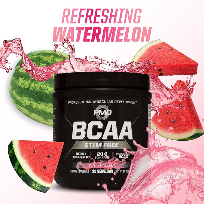 PMD Sports BCAA Stim-Free Amino Acids - Better Workout Performance Enhanced Recovery Daily Energy Muscle Builder and Muscle Sparing - BCAA Powder Drink Mix - Watermelon (30 Servings)