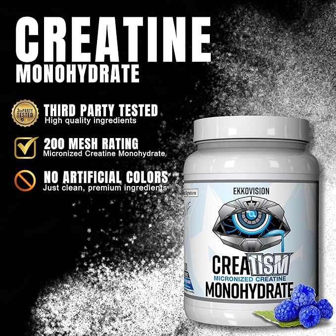 Ekkovision Creatine Monohydrate Powder Micronized Puckin' Blue Razz Pre Workout &amp Post Workout Supplement for Men &amp Women Energy Support Easy to Mix in Shakes Smoothies &amp Beverages