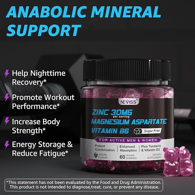 Zinc and Magnesium Supplement Zinc Magnesium Aspartate Post Workout Gummies for Men Women with Vitamin B6 B12 D3 Turmeric for Nighttime Recovery Reduce Fatigue Boost Immunity &amp Sleep 60 Co