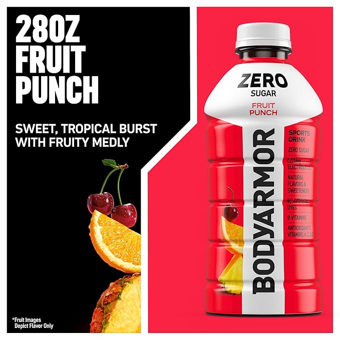 BODYARMOR ZERO Sugar Fruit Punch Sugar Free Sports Drink - Low-Calorie Hydration - Natural Flavors with Potassium Packed Electrolytes Antioxidants and B-vitamins 28 fl oz (Pack of 15)
