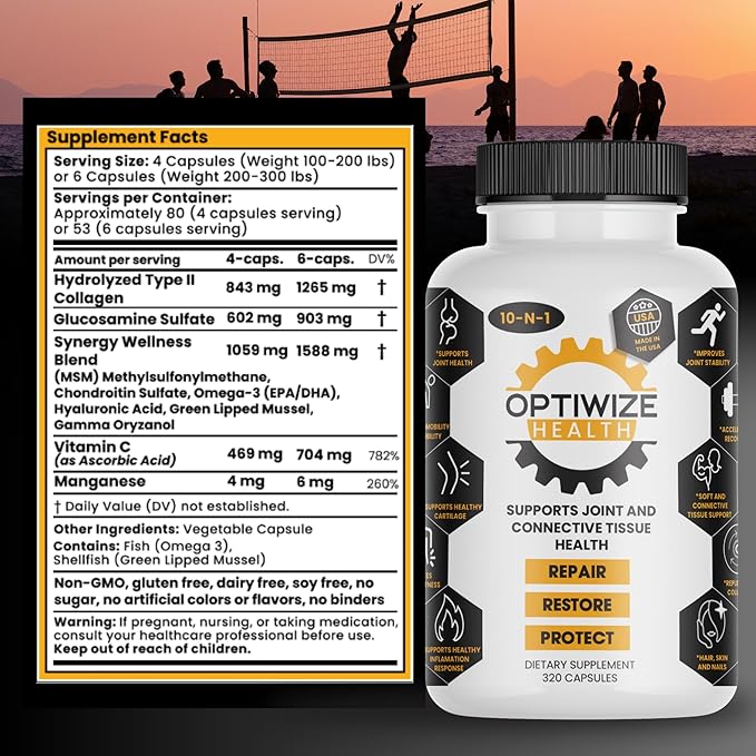 OptiWize 10-N-1 Joint Support Hydrolyzed CollagenMSM Hyaluronic Acid GlucosamineChondroitin &amp More- Targets Joint Discomfort Improves Mobility &amp Flexibility 320 Caps for Men &amp Women M