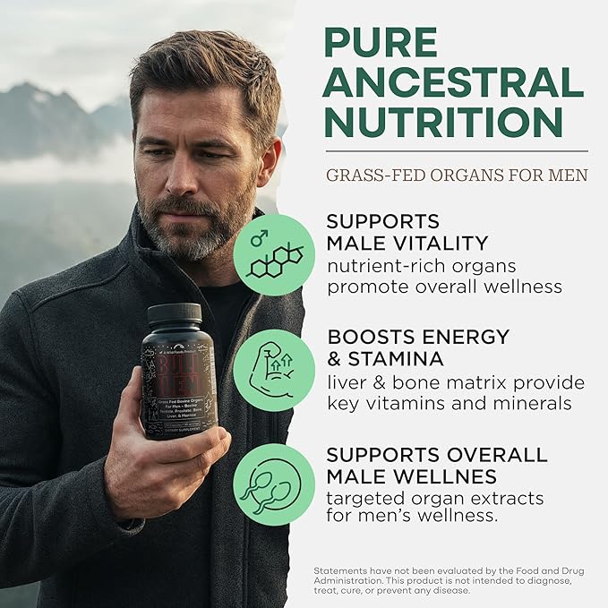 Wild Grass Fed Beef Organ Supplement for Men - Complete Ancestral Nutrition Complex with Beef Liver Testicle Prostate &amp Bone Matrix - Organ Meat Supplements - 30 Day Supply