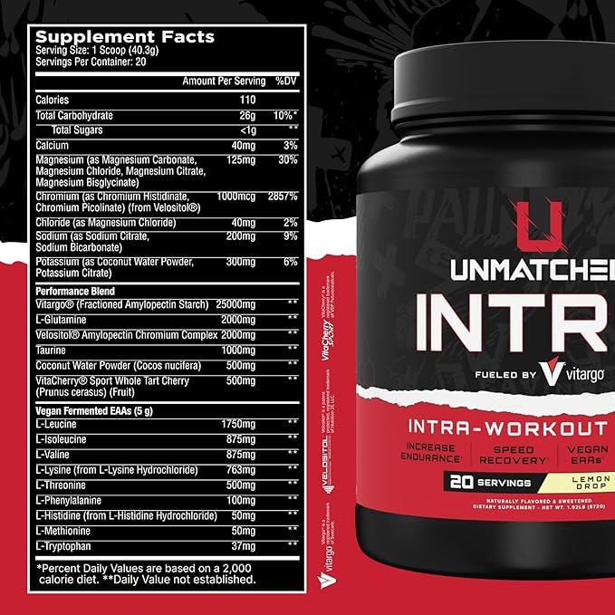 Unmatched Intra Workout Powder | Carbohydrate Electrolyte L-Glutamine &amp Vegan EAA Mix | for Hydration &amp Endurance | Natural Flavors &amp Sweeteners | 20 Servings (Lemon Drop)