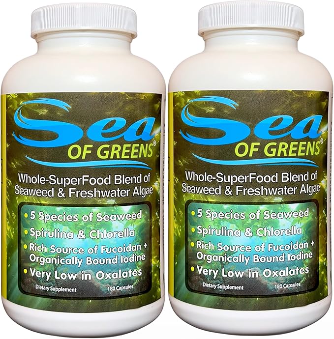 Sea of Greens – Organic Seaweed &amp Algae Superfood Blend – Spirulina Chlorella Bladderwrack Wakame – Natural Iodine &amp Fucoidan – Oxalate-Free – 180 Vegetable Capsules - 2 Pack