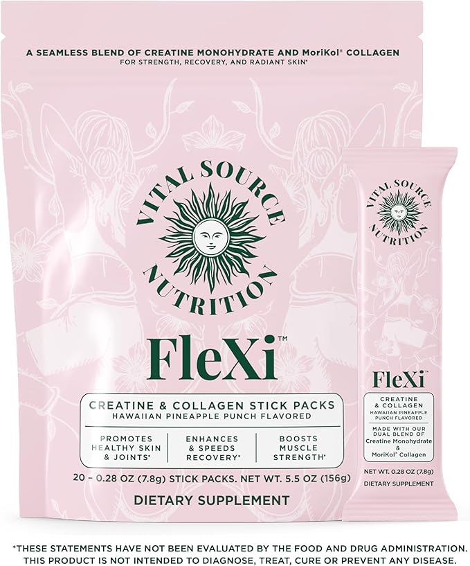 Vital Source Nutrition - Flexi - Creatine &amp Collagen Stick Packs - 5g Creatine Monohydrate + 1g MoriKol Collagen -Supports Strength Recovery &amp Skin Health -20 Servings