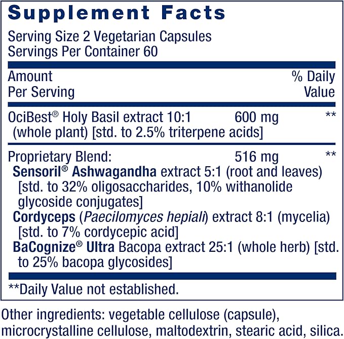 Life Extension Adrenal Energy Formula Helps inhibit the Effects of Stress holy Basil cordyceps bacopa and ashwagandha Gluten Free Non-GMO Vegetarian 120 Capsules