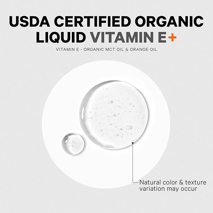 Codeage Liquid Vitamin E+ - USDA-Certified Organic Vitamin E - 2-Month Supply - D-Alpha Tocopherol Acetate Organic MCT Oil Orange Fruit Oil Unflavored Non-GMO Vegan Gluten-Free 2 fl oz